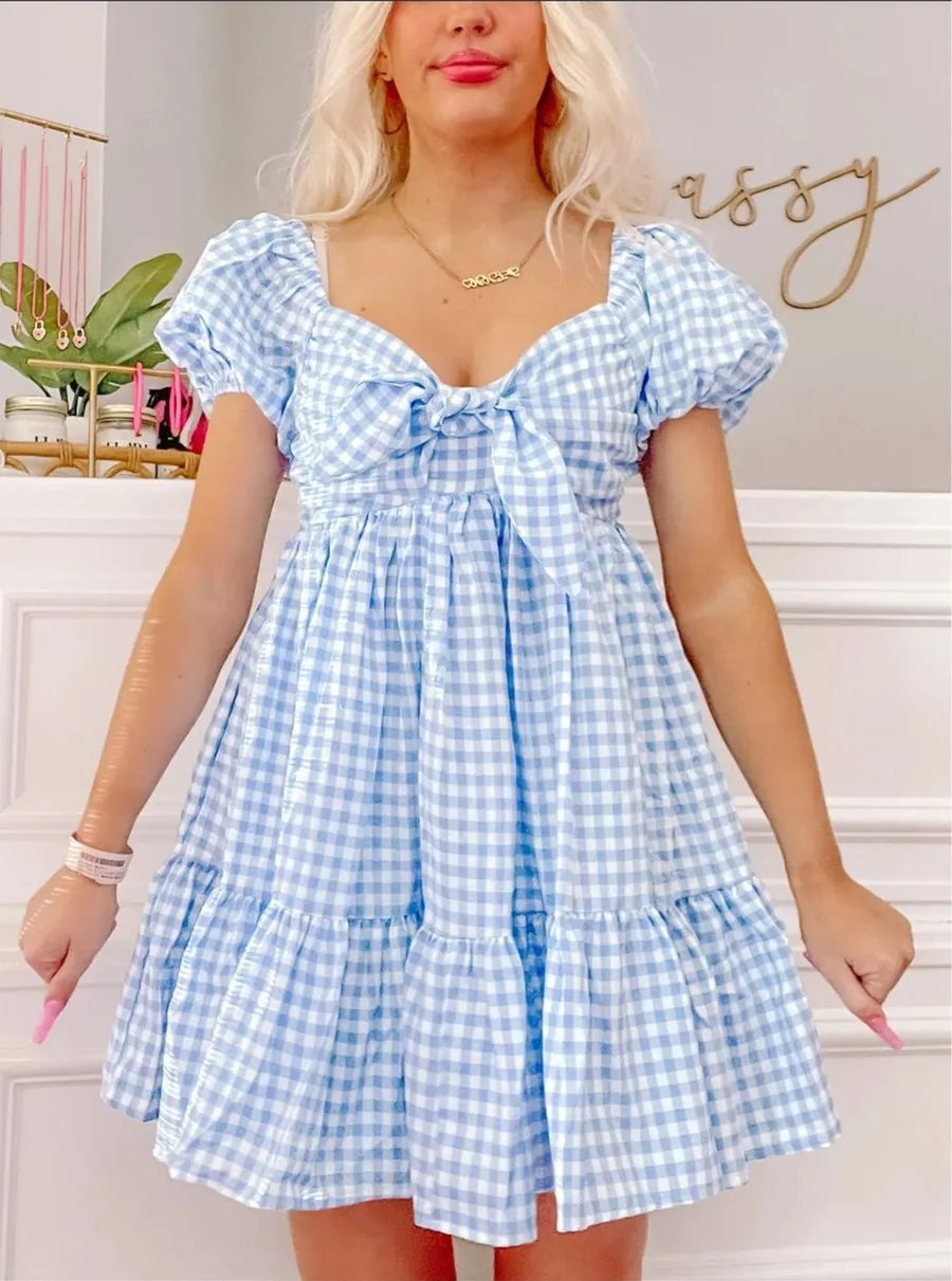 VICI Blue Gingham Tie-Front Dress – Size XL (Never Worn)