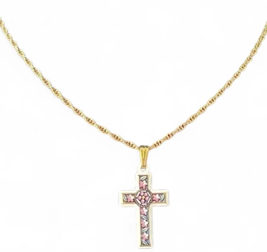Avon Vintage White Enamel Floral Cross Necklace 24” Goldtone Rope Chain Gold