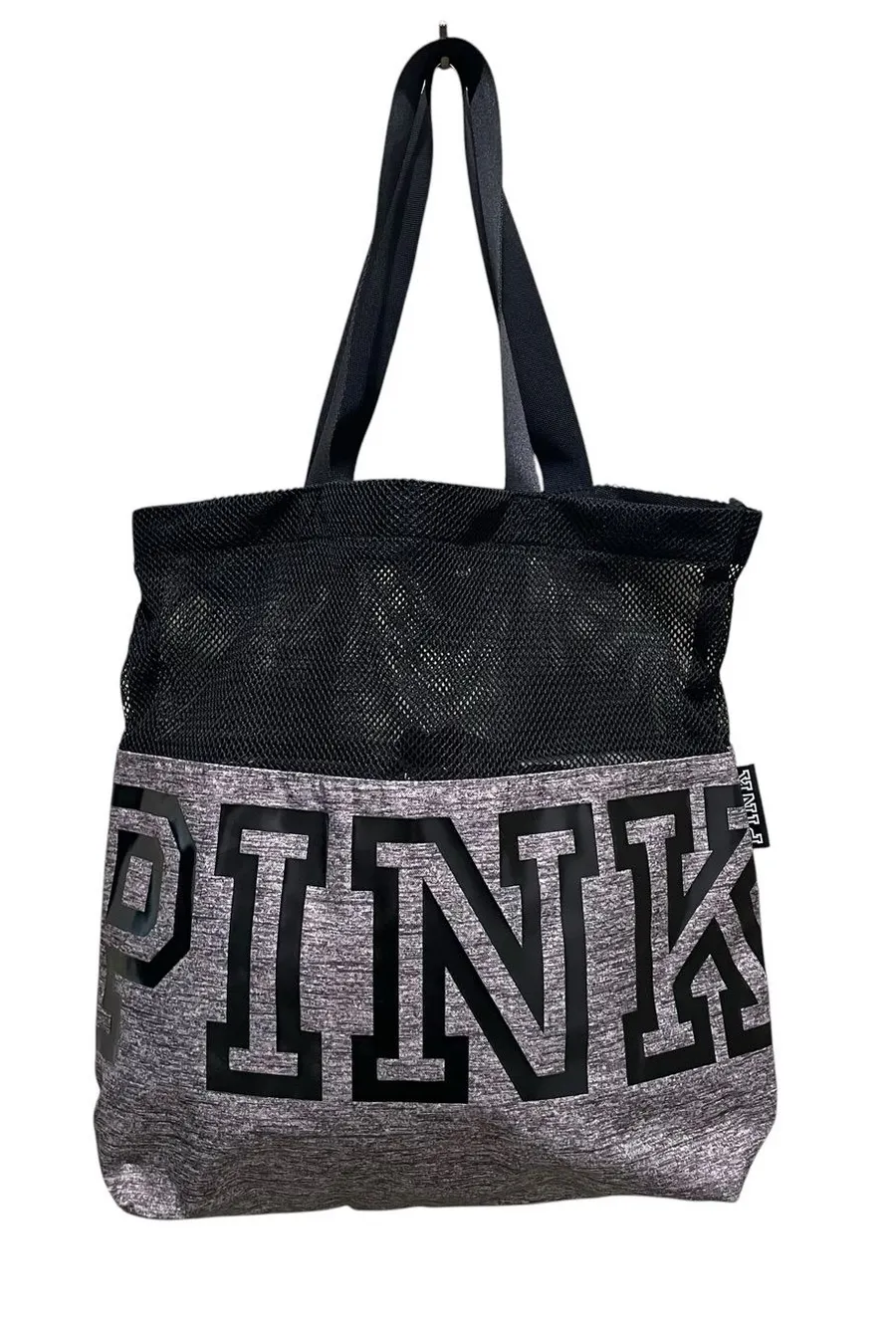 Victoria’s Secret PINK Gray Black Mesh Tote Bag Large Beach Gym Shoulder
