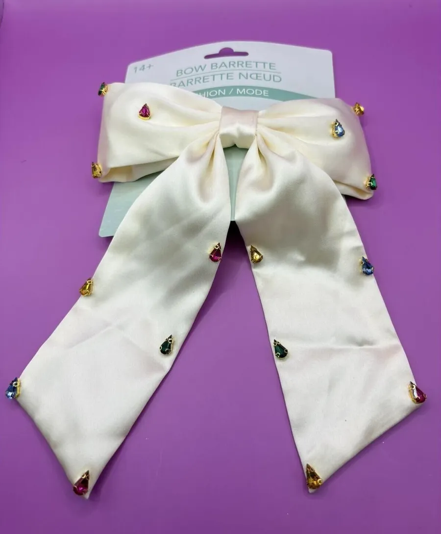 Silver Satin Bow Barrette Hair Clip with Rhinestone Accents, Embellished