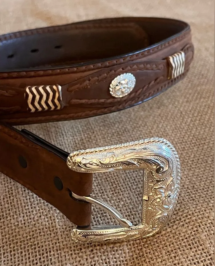 Vintage Nocona Belt Co Brown Leather Western Silver Buckle concho boho
