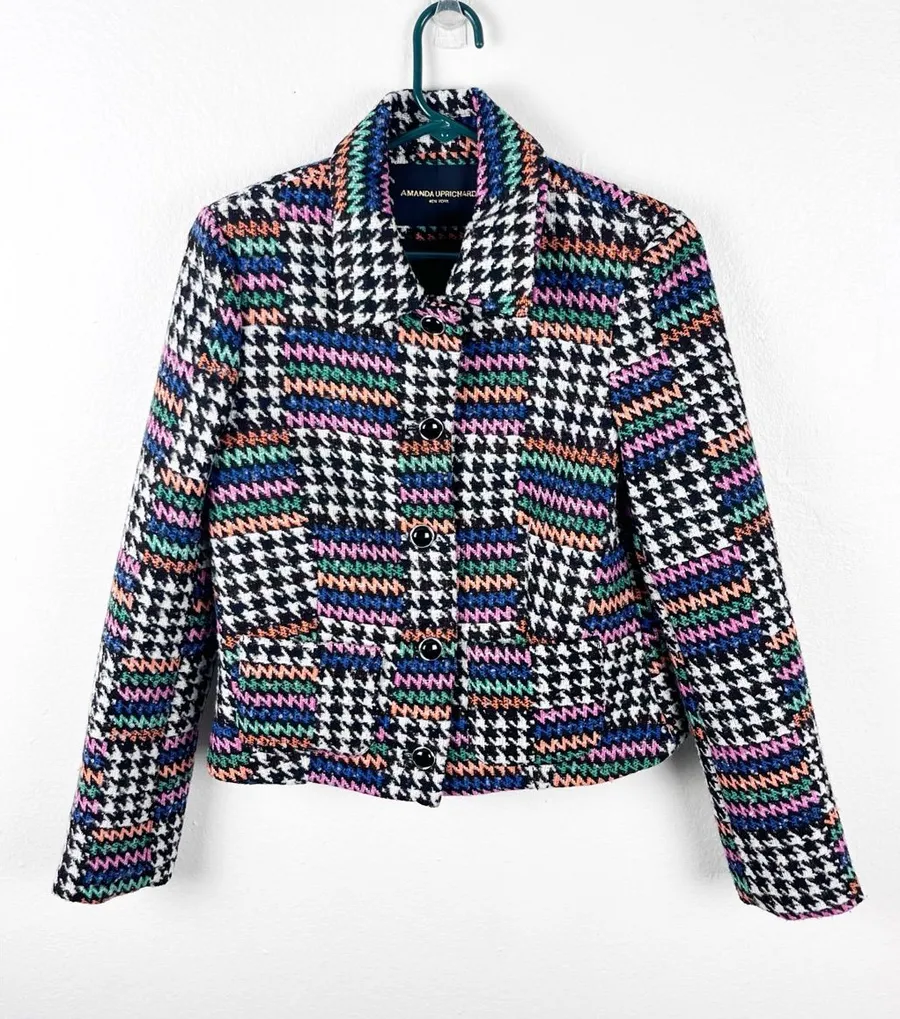 AMANDA UPRICHARD Tweed Multicolored Button Lined Patches Blazer Size Small Chic
