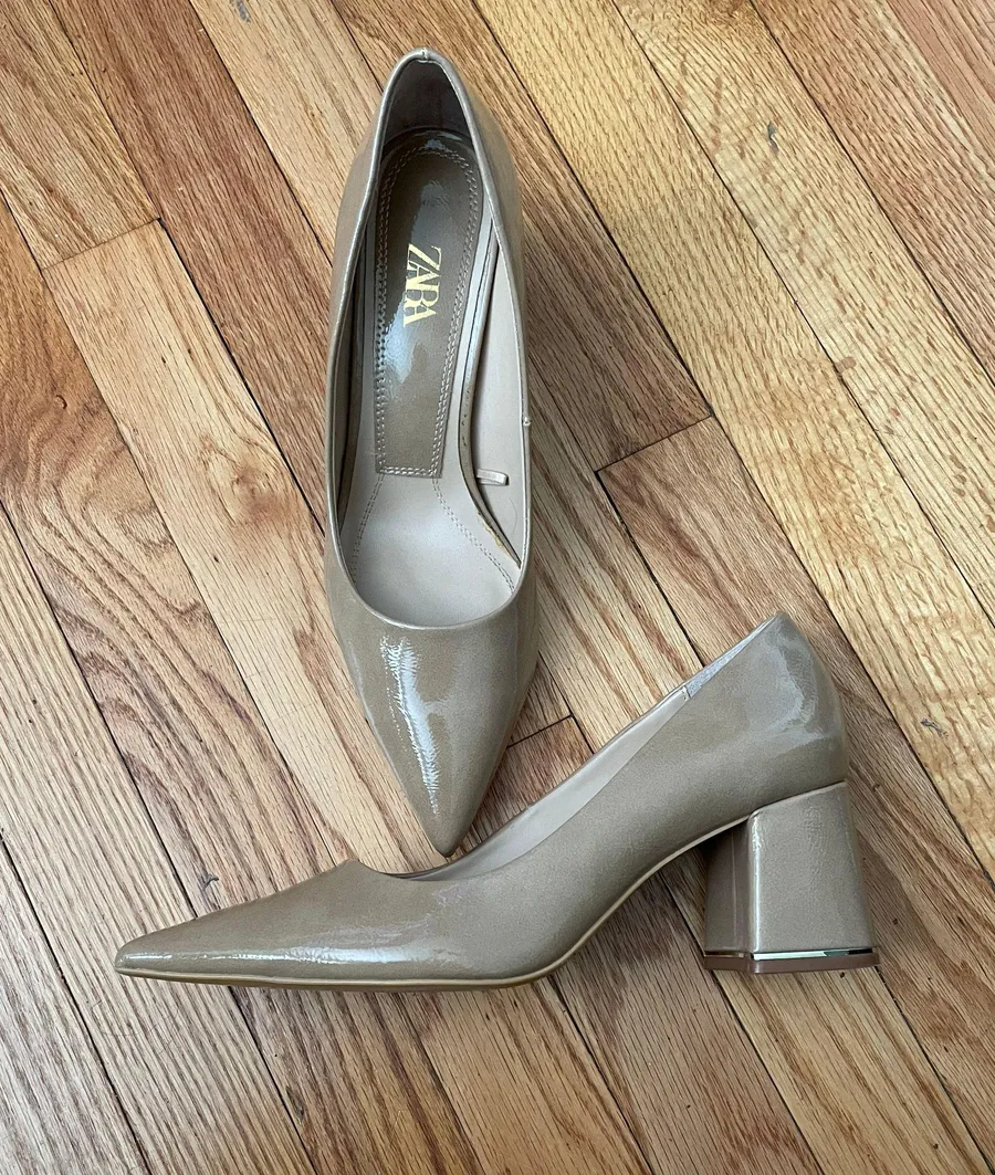 Zara Glossy Leather Chunky Block Low Kitten high heels Pumps Stilettos Pointed Office Work Sz 40 EU