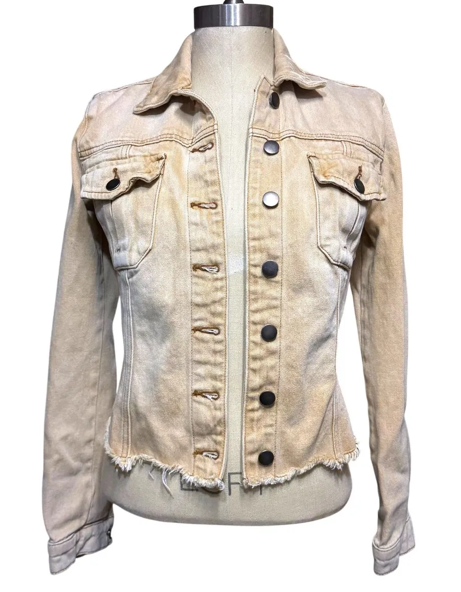Kut From The Kloth XS Kara Denim Jacket Tan Boho Western Distressed Grunge Fall