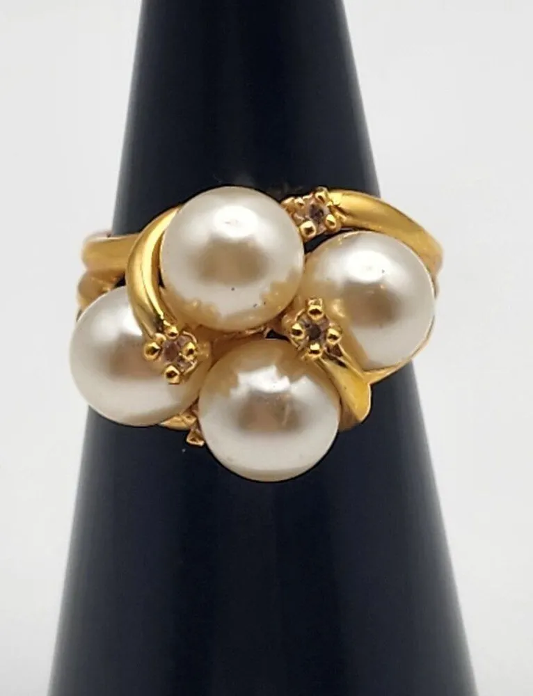 Vintage 14K Gold Electroplated Faux Pearl & Rhinestone Ring (6.25)