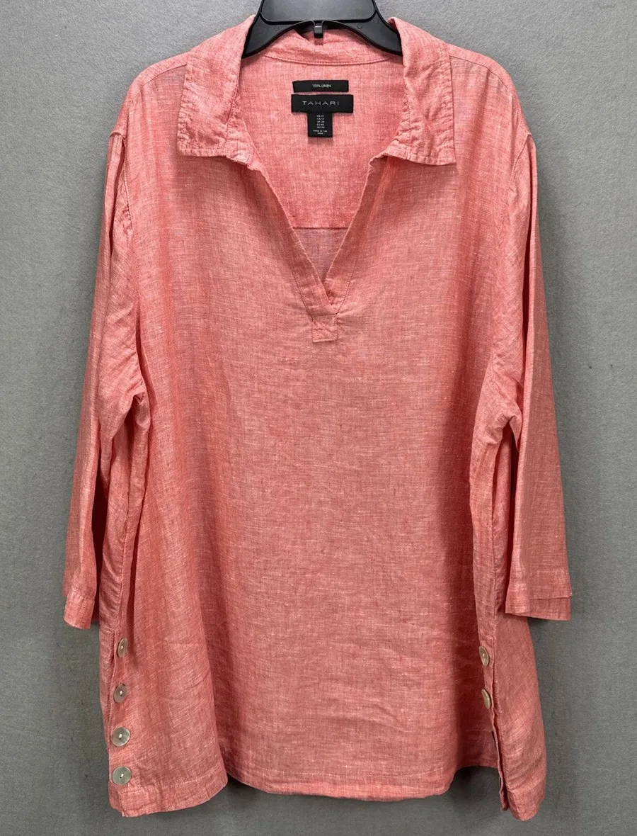 Tahari Top 1X Plus Pink Linen Tunic Side Button 3/4 Sleeve Popover Shirt Coastal