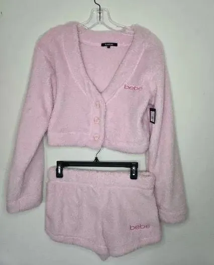 NWT Bebe Fuzzy Lace Pink Fleece Pajamas Set Size Extra Small