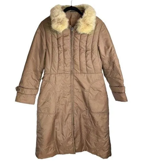 Vtg Bromleigh Womens Puffer Jacket Fur Collar Sz S/M Longline Tan