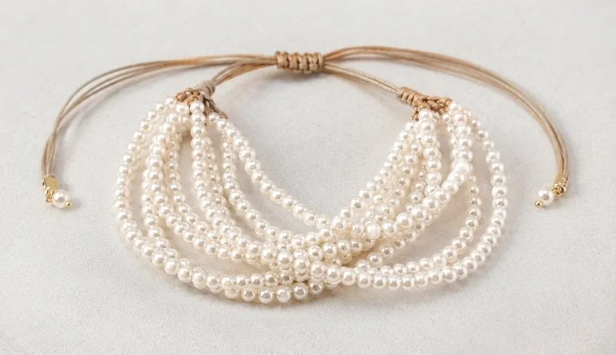 NWOT Multi Strand Faux Pearl Adjustable Bracelet Layered Boho Jewelry