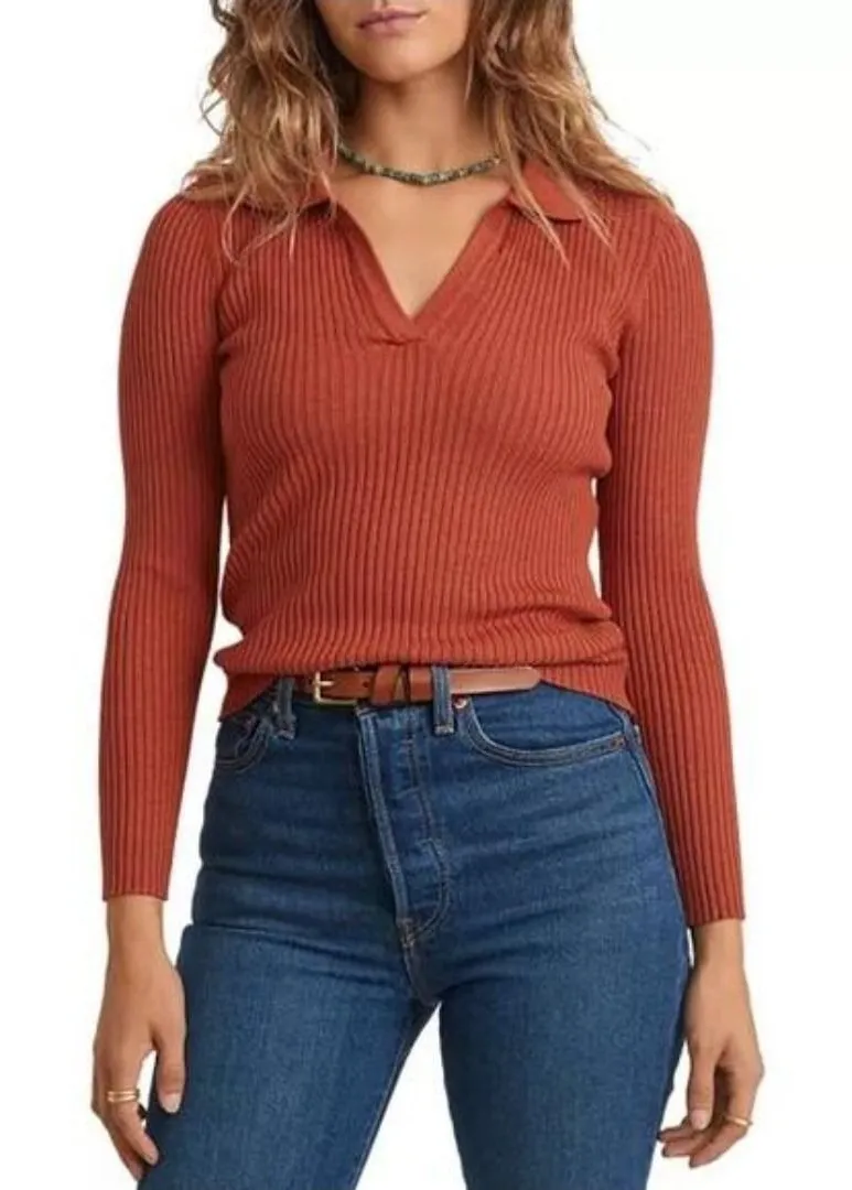 Marine Layer Lexi Polo Sweater Ribbed Knit Rust Brown Orange Long Sleeve Size XS