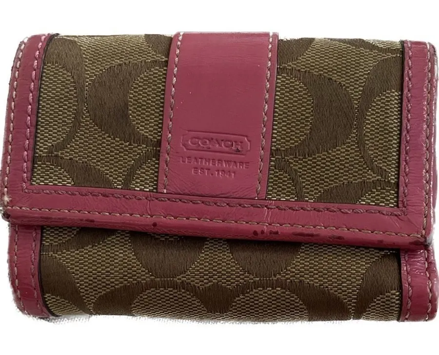 Coach Beige/Pink Signature Canvas And Leather Compact Wallet
