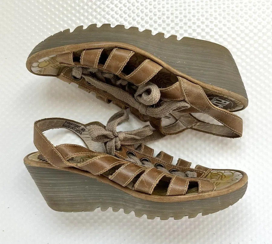 Fly London Wedge Sandal Women’s Eur 40 US 8.5-9 Brown Lace Up Leather Tan Boho