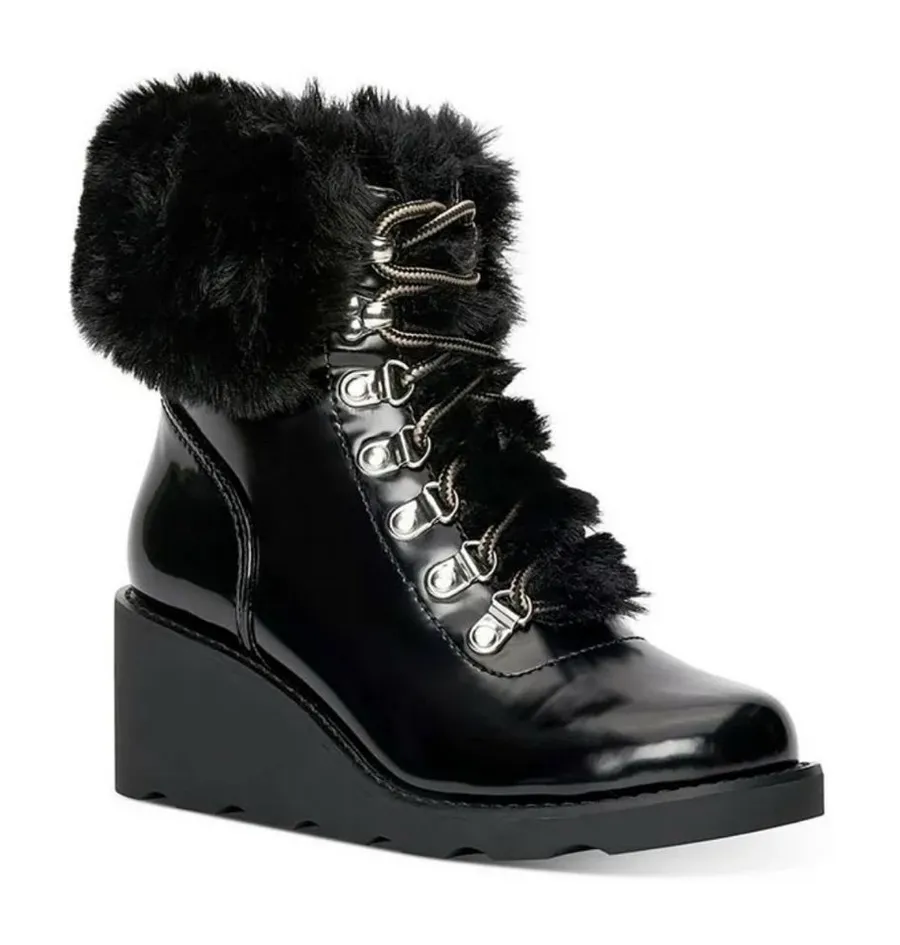 INC Hannia Patent Faux Fur Lace-Up Wedge Booties Black Size 5.5 NIB