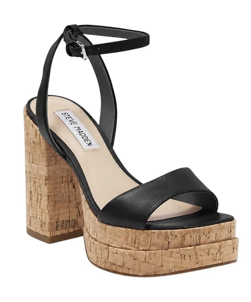 Steve Madden Warped Black Leather Cork Platform Sandals 8.5M $125 Retail