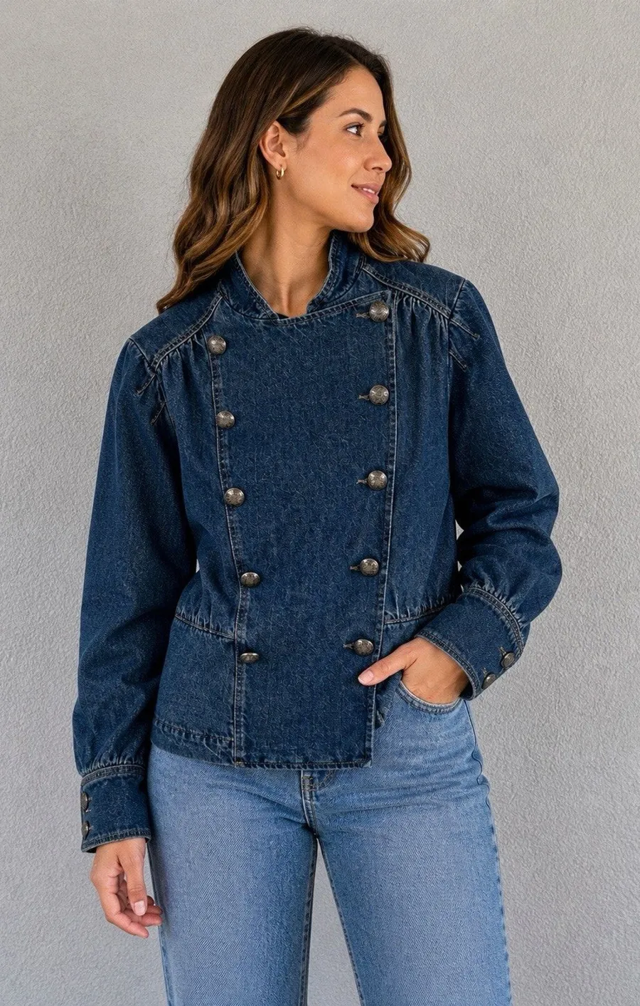 We The Free Denim Jacket XS NWT Structured Military Utility Missing Button