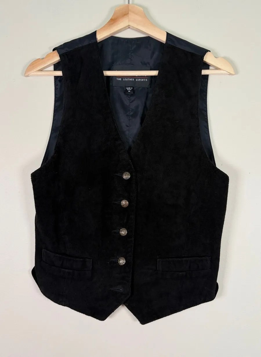 Wilsons The Leather Experts Black Suede Vest Western Cinch Back Ornate Buttons M
