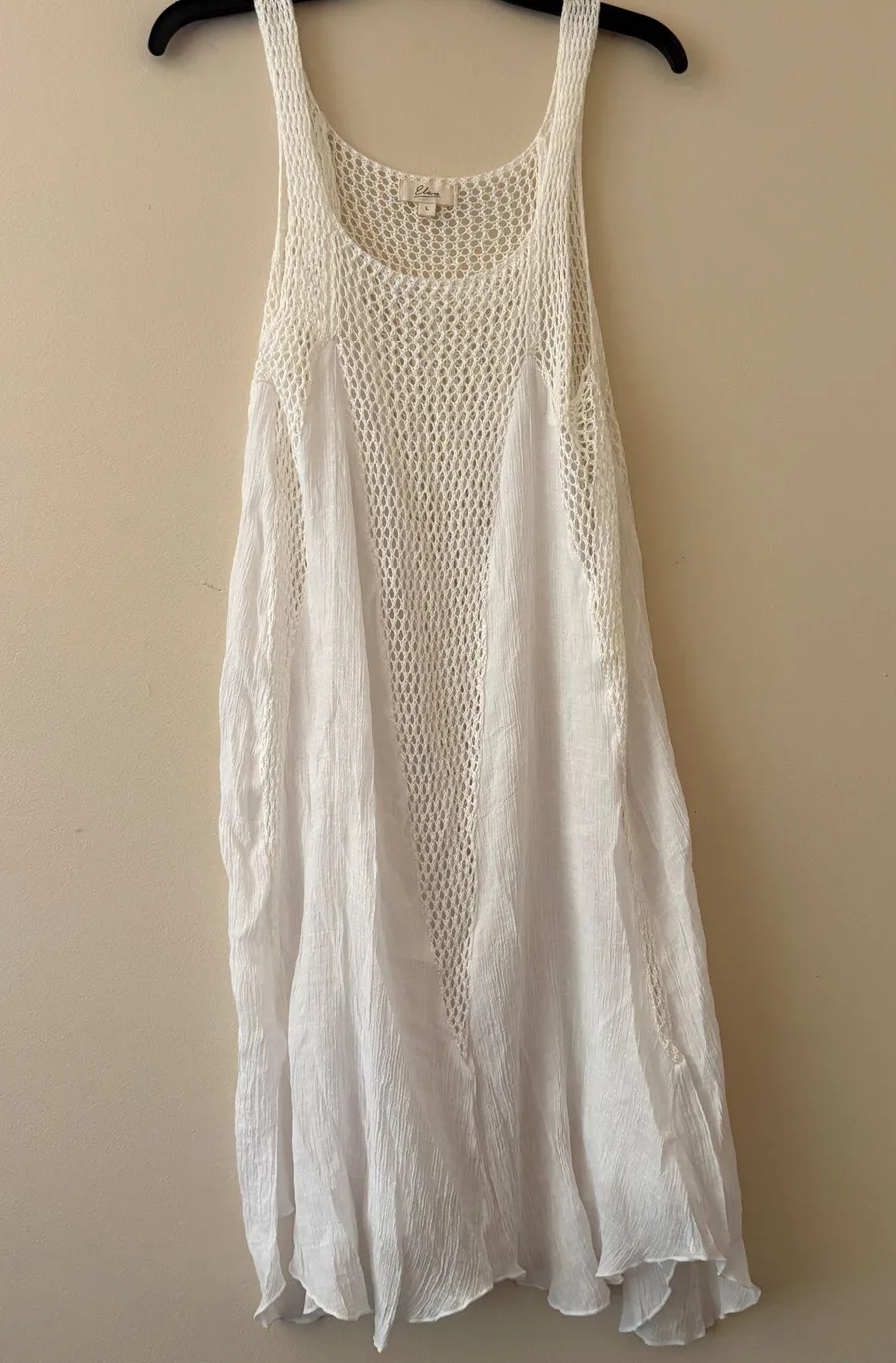 Elan White Crochet Knit Bodice Crinkle Gauze Swim Cover Up Dress Size L