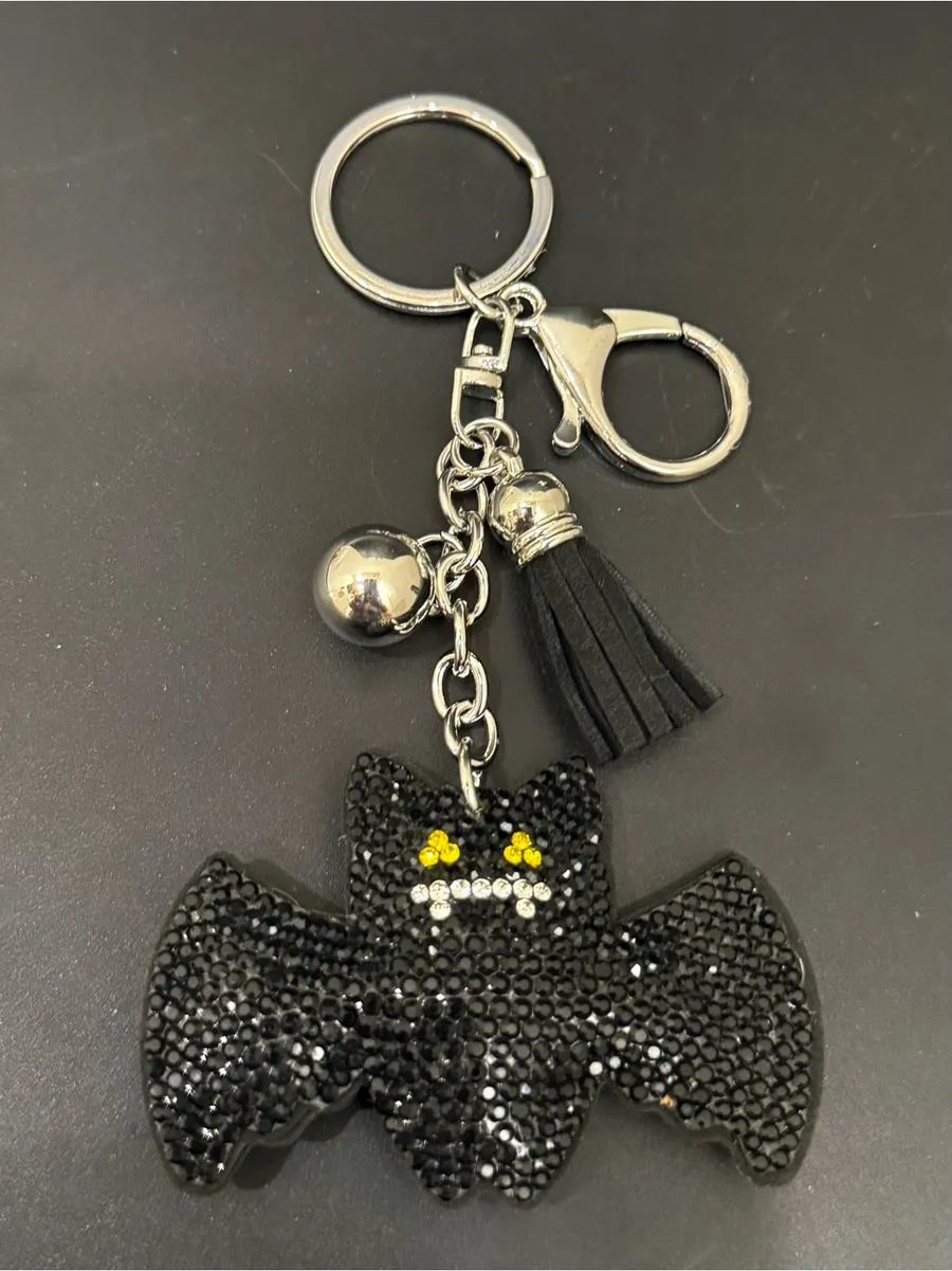 Black Rhinestones Halloween Bat Bag Charm Keychain Silver