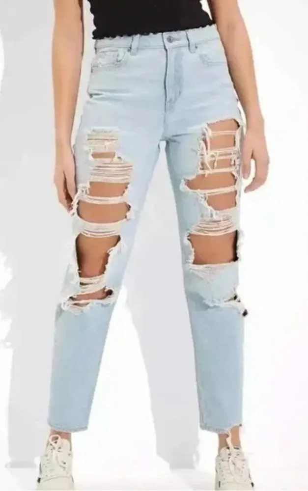 American Eagle Straight Taper Distressed Mom Jeans Women's Size 00 Long