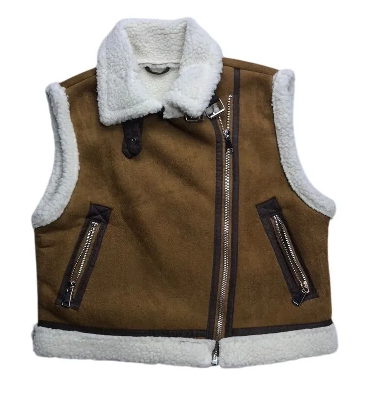 Commense Womens Faux Suede Shearling Moto Vest Brown Small Zip Aviator Brown