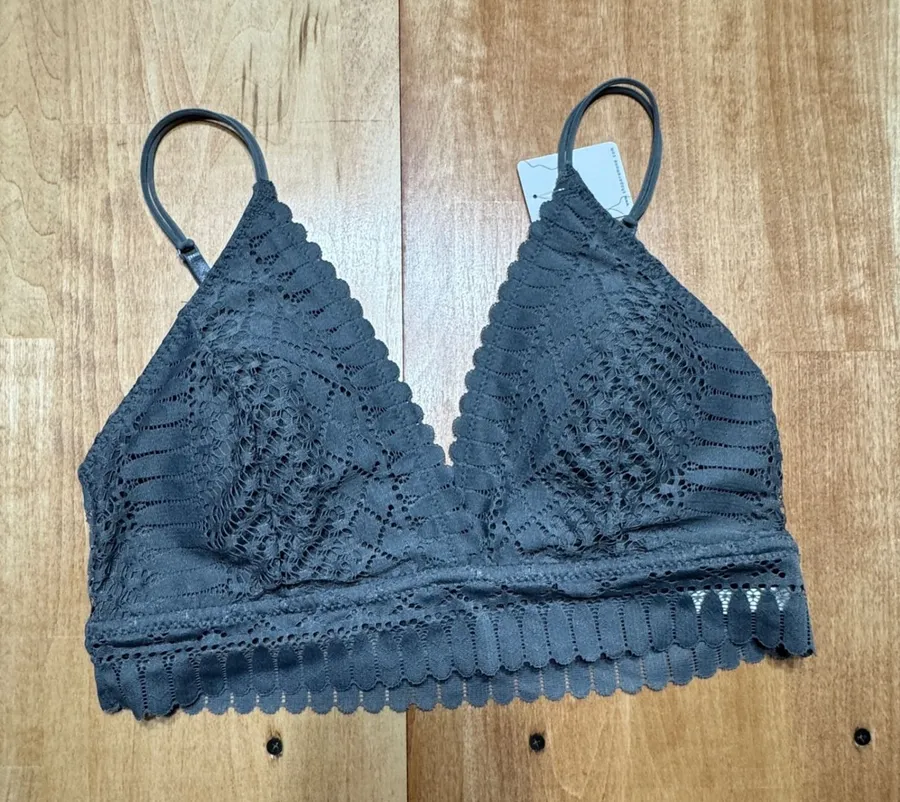 Anemone Gray Lace Bralette V-Neck Adjustable Straps Scalloped Size L