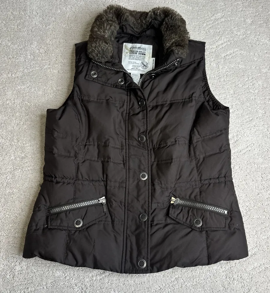Women's Eddie Bauer Medium Premium 700 Fill Goose Down Brown Vest Fur Neck