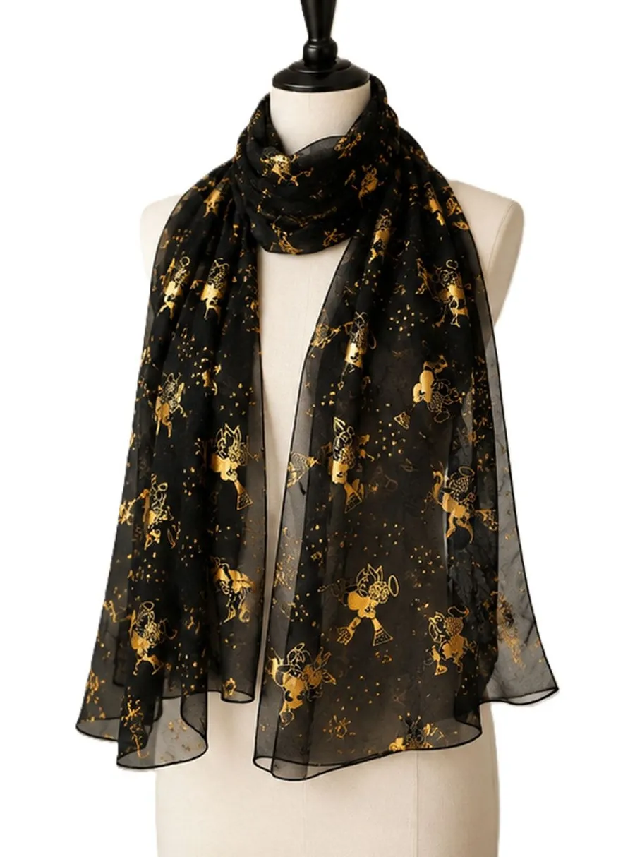 Vintage Black Scarf Sheer Gold Angel Star 56 x 20 Metallic Chiffon Wrap Shawl