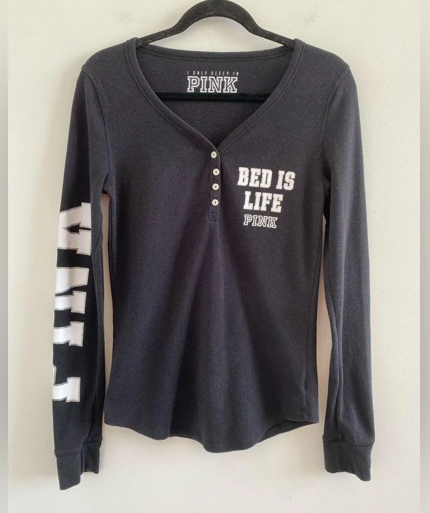 Victoria’s Secret Pink Black Henley Waffle Knit Sleep Shirt Size Large