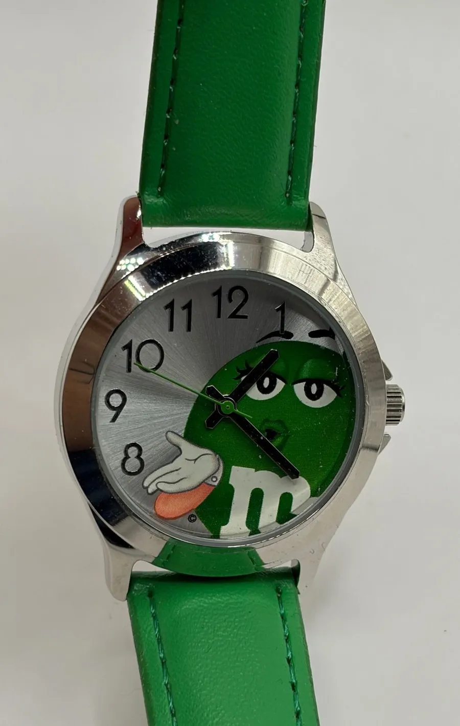NOS Green M&M Character Watch Green Leather Band Japan Movement