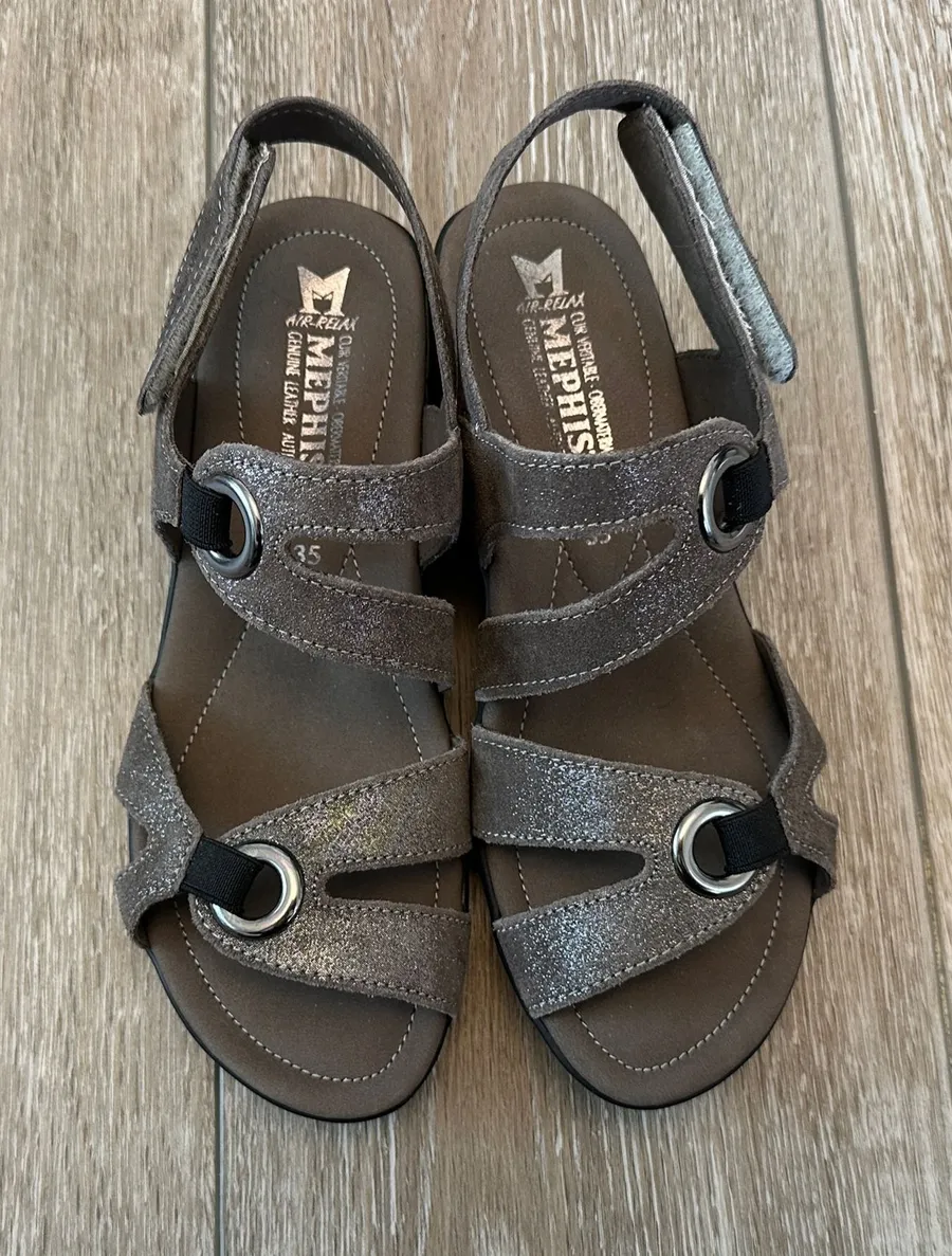 NWOB Mephisto Parfola Sz 35 Wedge Sandal w Adjustable Strap Dark Gray Sparkle