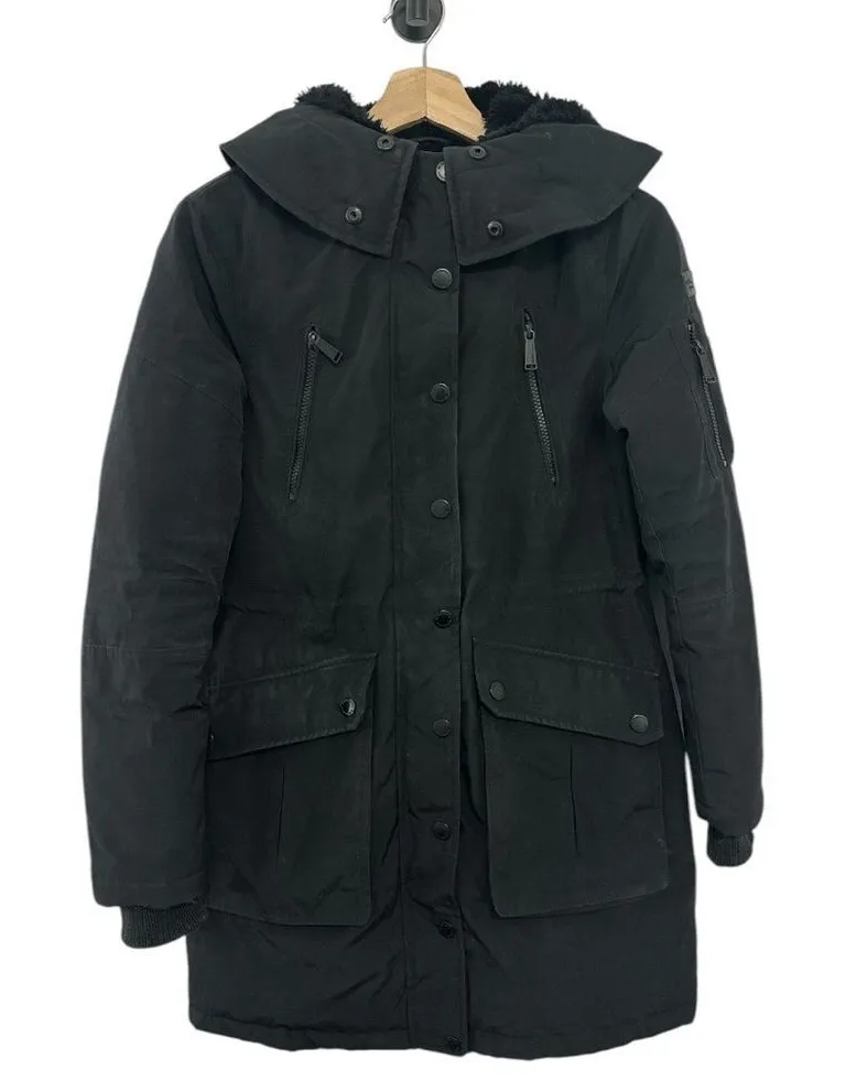 BCBG Black XS Parka Faux Fur Hood Quilted Winter Coat Gorpcore Outdoors Jacket