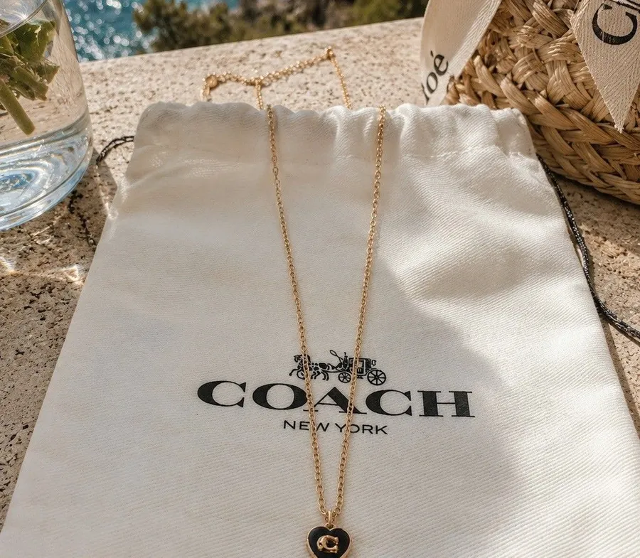 Coach Heart Pendant Necklace Gold Logo Charm w/ Pouch Tag authentic cute gift