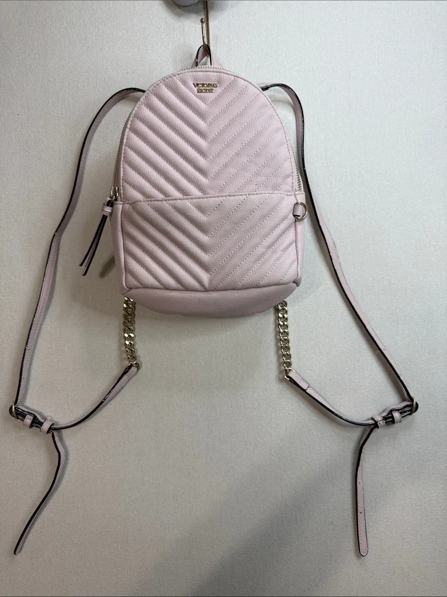 Victoria's Secret Light Pink Quilted Mini Backpack with Gold Chain Straps