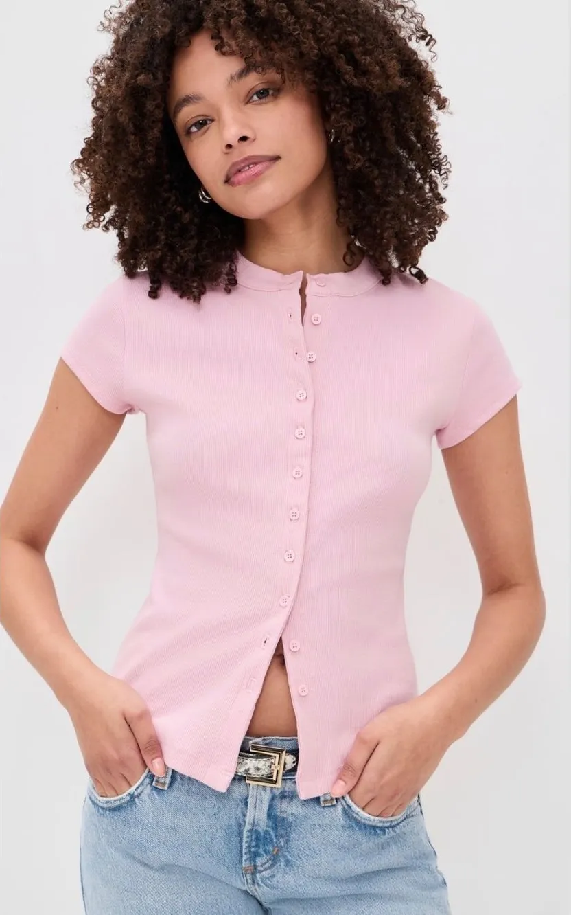 Reformation Raelynn Ribbed Knit Top Pink Sz S Short Sleeve Button Down