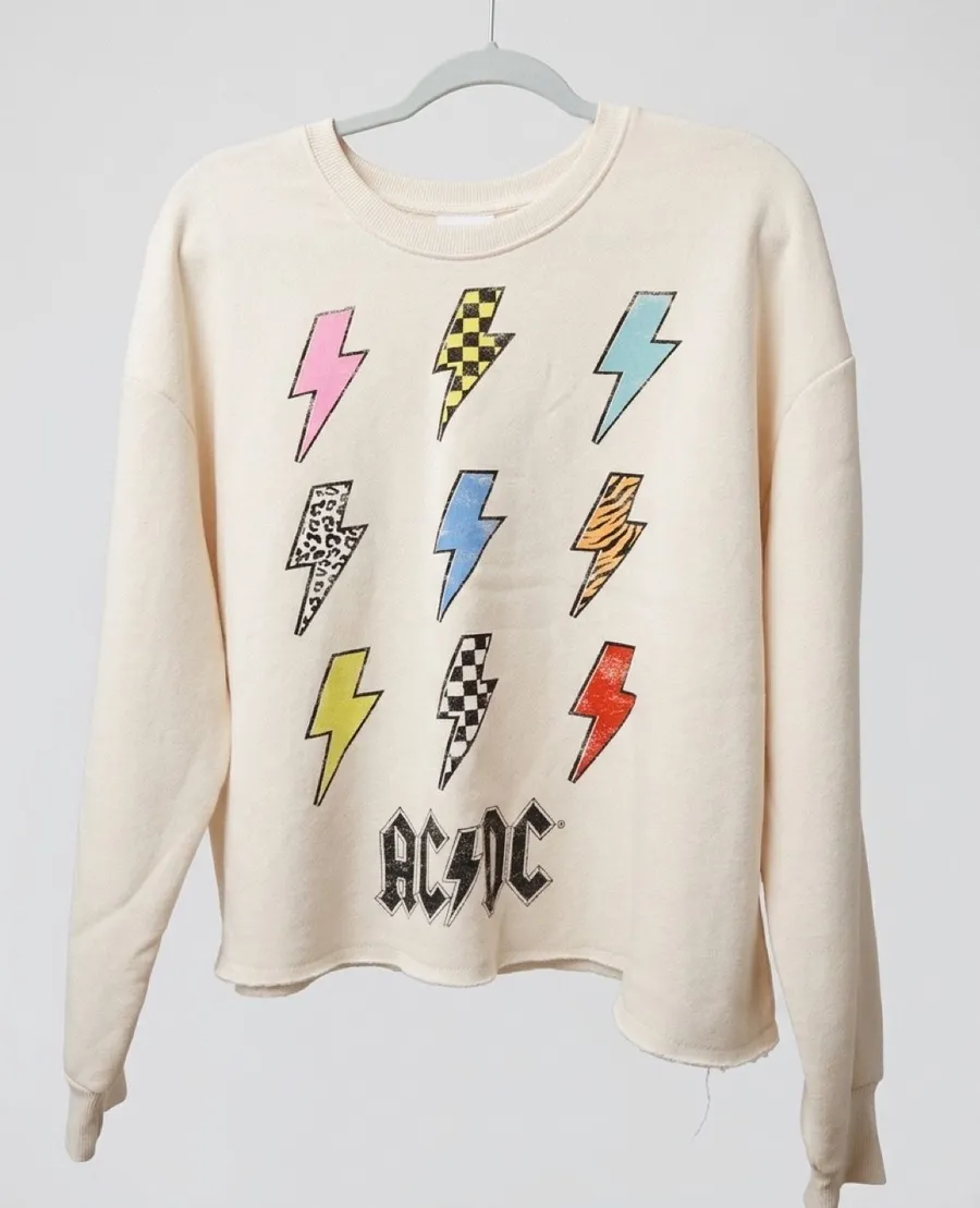 Grayson Threads AC/DC Lightning Bolt Graphic Cropped Sweatshirt Cream Large Multiple