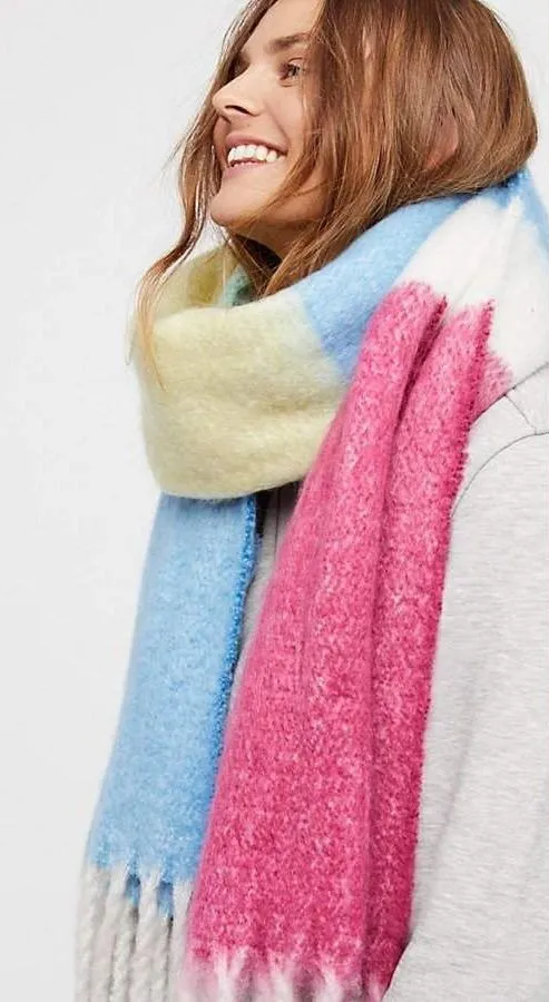 Free People Scarf Color My World Stripe Fringe Oversized Colorblock Multi wrap
