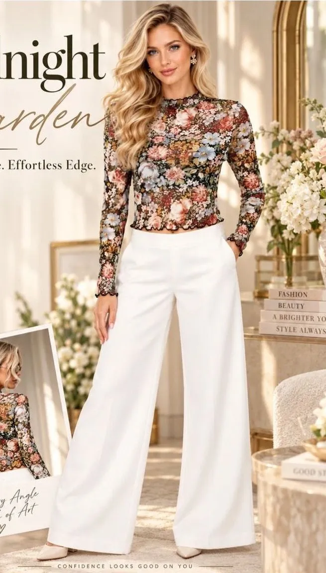 Alice + Olivia Floral Semi-Sheer Mock Neck Long Sleeve Cropped Mesh Top