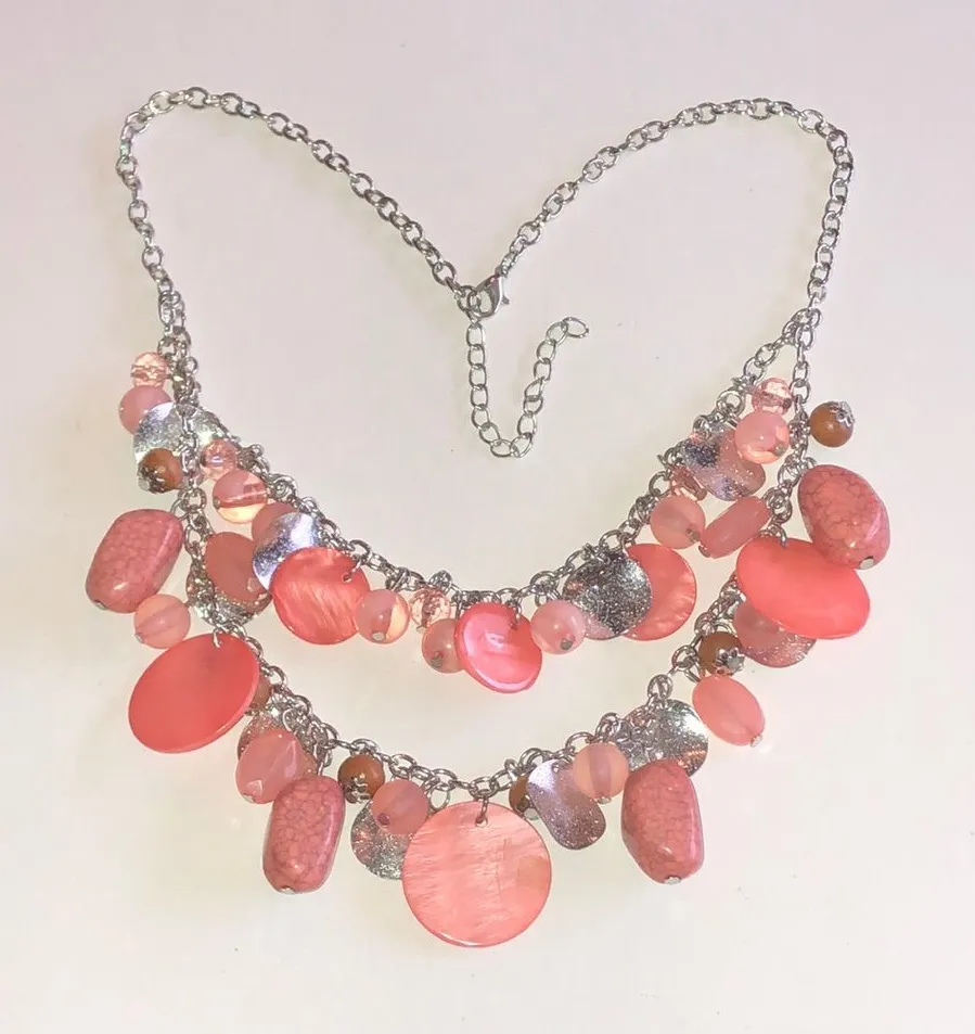 Silver Tone Chain Coral Color Boho Statement Charm Necklace