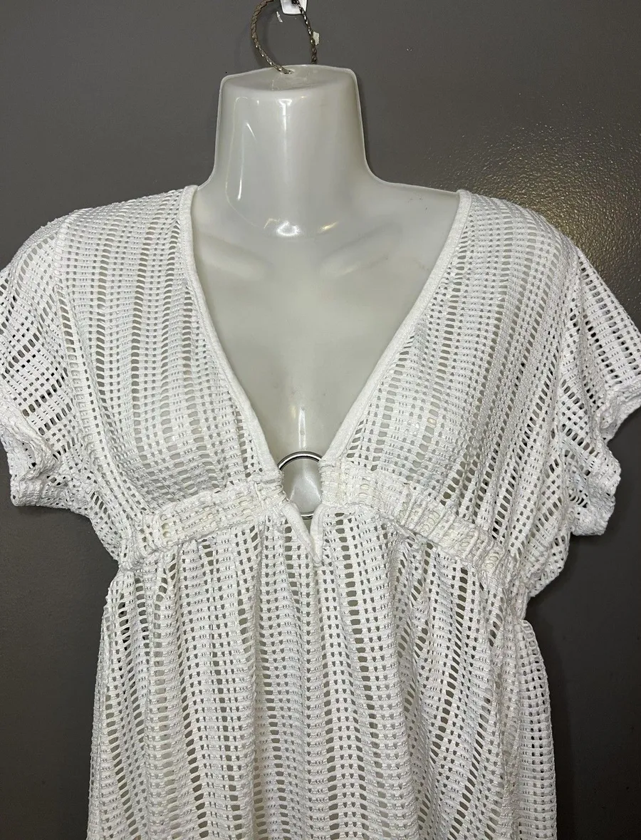 Waves To Coast Cover Up Womens Large White Crochet Mesh V Neck Beach Tunic Swim