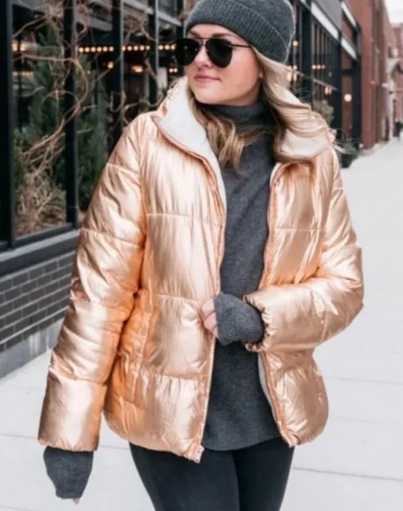J. CREW Rose Gold Metallic Puffer Jacket size XS