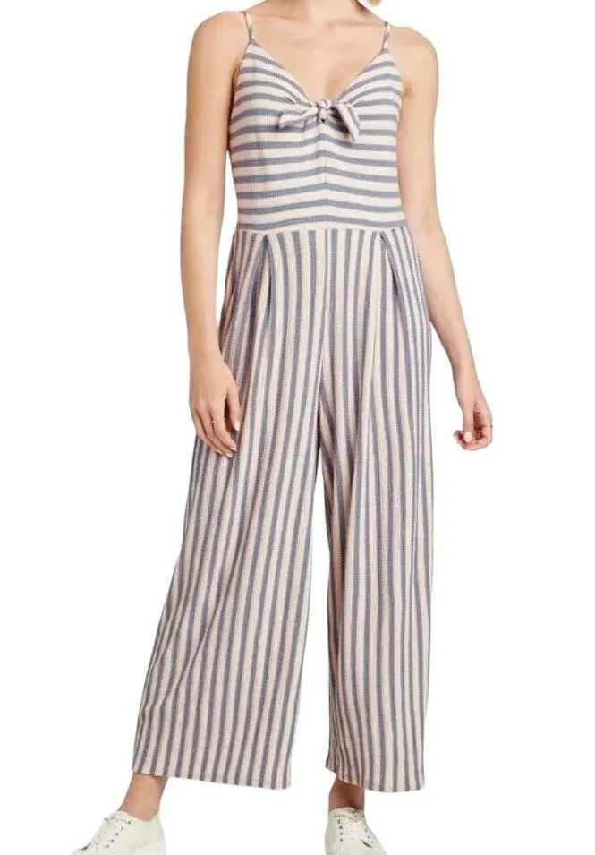 Xhilaration Striped Waffle Knit Tie Collar Cropped Jumpsuit