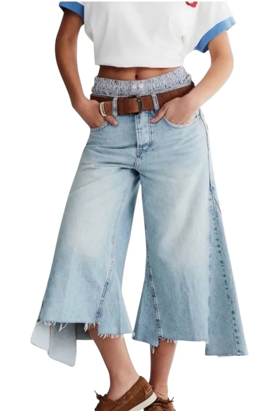 Free People We The Free Ripple Wide Leg Pieced Cropped Denim Button Fly Jeans 26