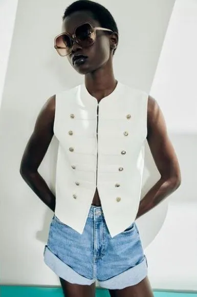 Zara Cream Gold Button Military Knit Vest Top Size Large
