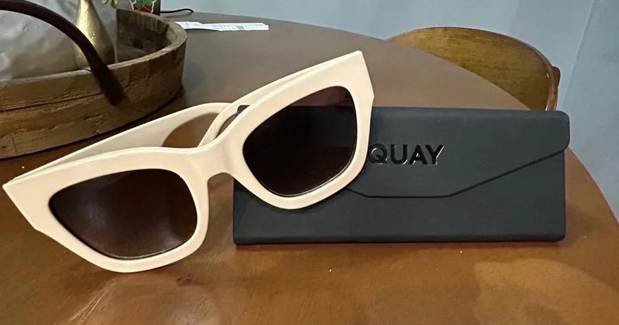 Quay By the Way Oversized Cat Eye Sunglasses Cream Beige Gold Hardware with Case