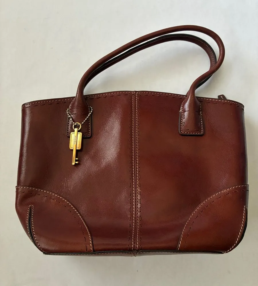 Fossil Classic Brown Leather Tote Bag with Gold Key Charm