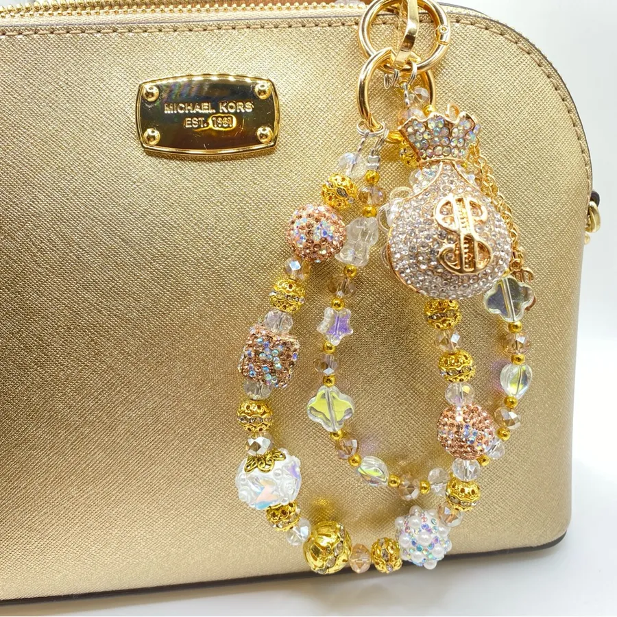 💛 Luxury Bag/Phone Chain Charm/Keychain Bling Fortune Bag Brooch & Crystal Beads
