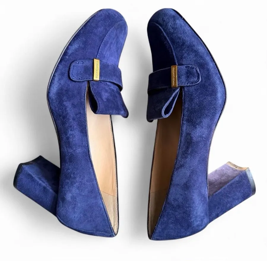 Vince Camuto Navy Suede Block Heel Pumps with Gold Accent