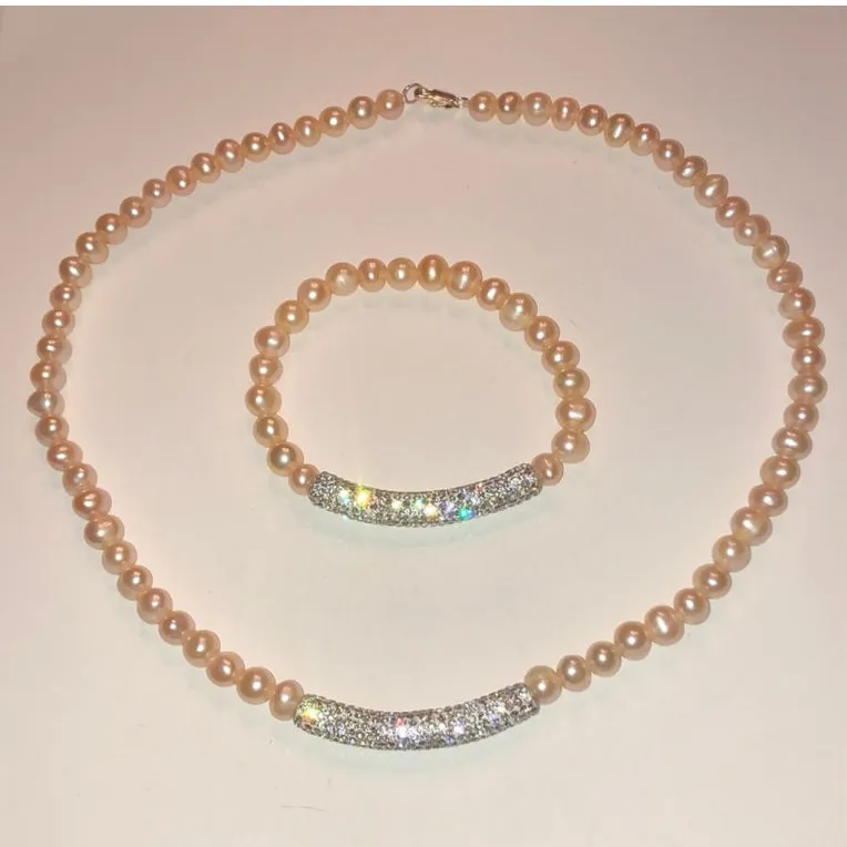 Pale Pink Genuine Pearls CZ Rhinestone Necklace Bracelet Set