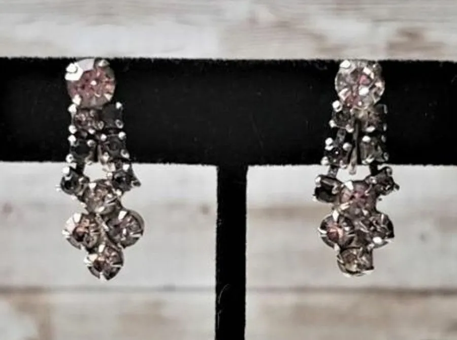 Vintage Screw On Earrings Clear & Grey Gems Dangle