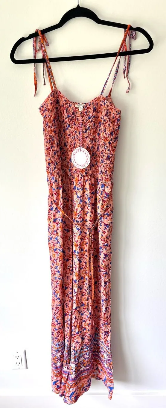 Umgee Peach Floral Boho Jumpsuit Tie Straps Beach Vacation Colorful Hippie